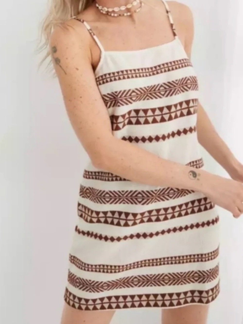 Aerie Brown & Cream Geometric Boho Open Back Sun Dress